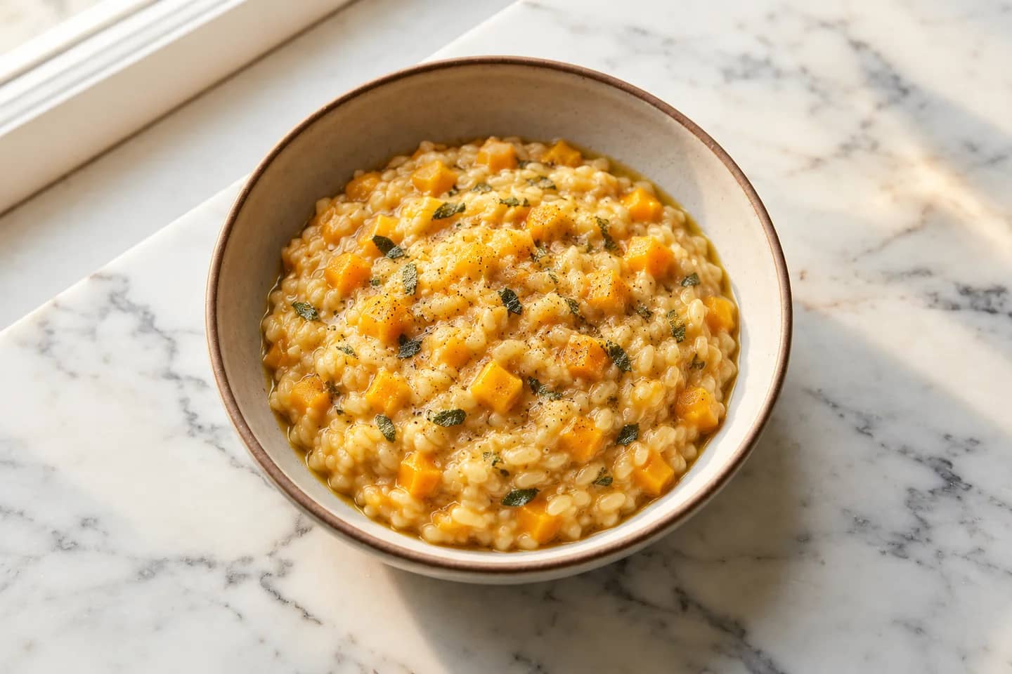 Creamy arborio risotto with tender diced butternut squash and chopped sage mixed through
