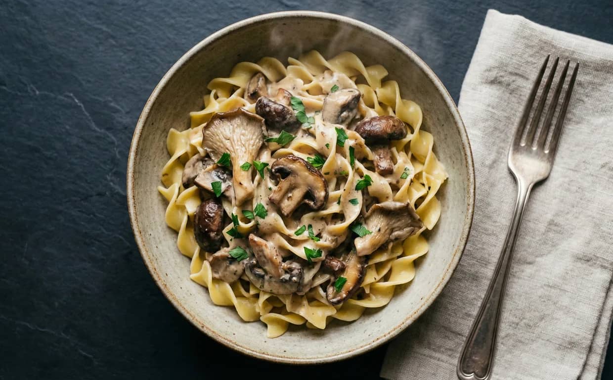 Bowl of mushroom stroganoff with egg noodles and parsley