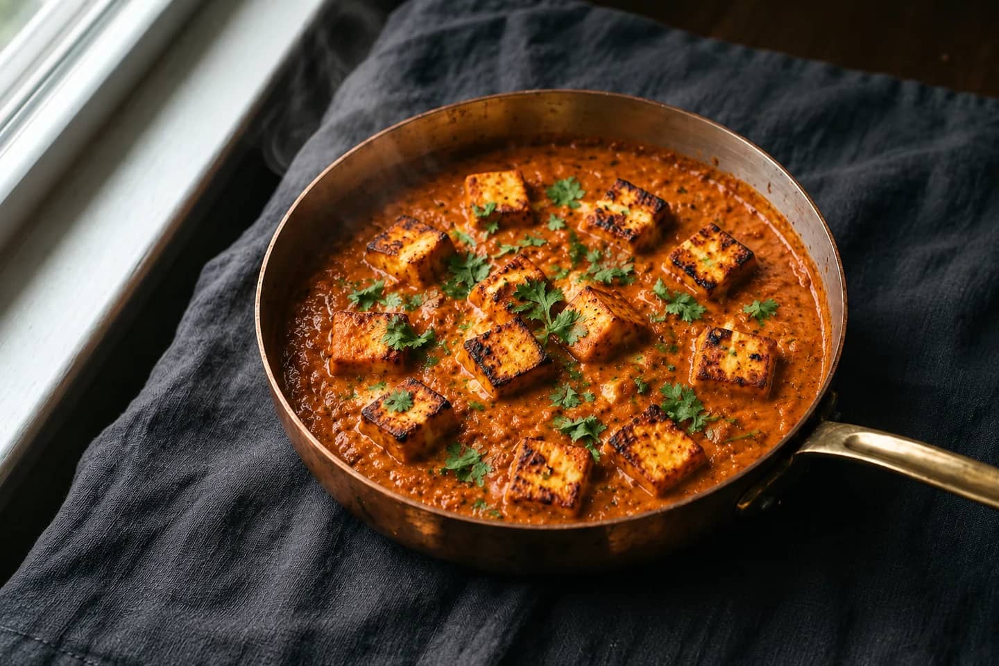 Charred paneer cubes in creamy orange-red tomato sauce with cilantro in a pan