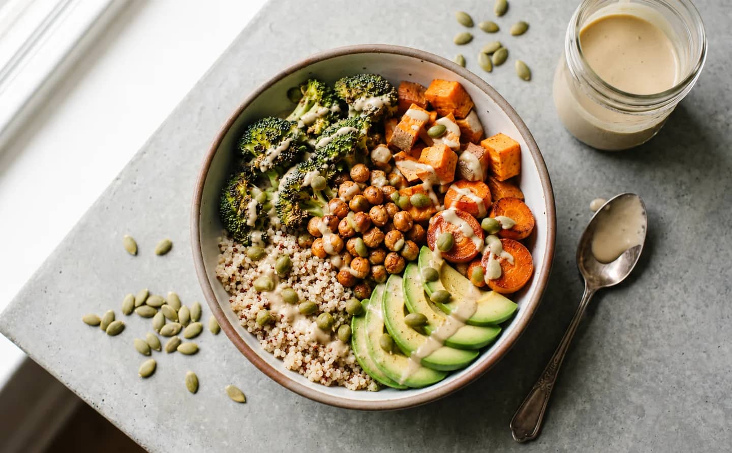 Colorful roasted vegetable bowl with tahini drizzle